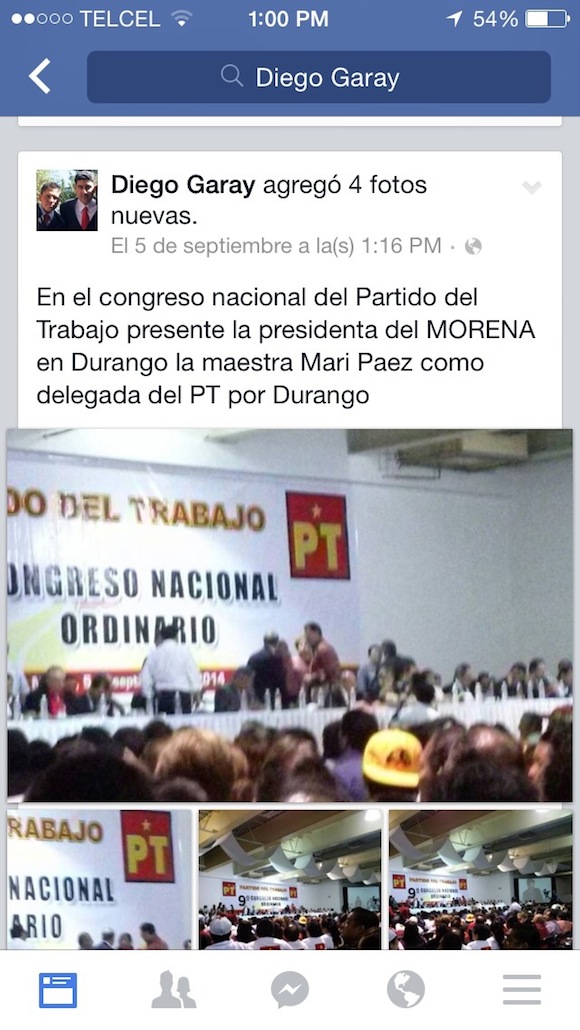 En la red social facebook, uno de los testimonios de la violación a los estatutos del MORENA por parte de la dirigente estatal duranguense de este partido, María de Jesús Páez Güereca.