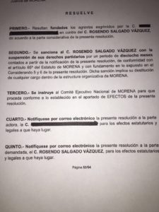 El documento que circula en redes sociales y que resuelve la destitución del dirigente estatal de Morena en Durango.