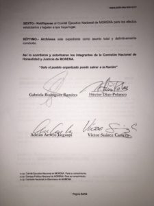 Las firmas de los integrantes de la Comisión Nacional de Honor y Justicia del partido Morena que suspenden los derechos partidarios de Rosendo Salgado Vázquez por dieciocho meses.