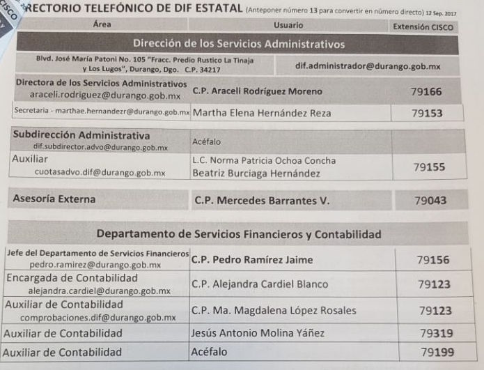 Mercedes Barrantes, “La Contadora”, hermana de la esposa del gobernador Aispuro Torres, aparece en el directorio telefónico del DIF estatal como titular de “Asesoría Externa” 
