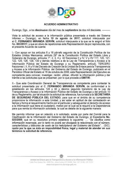 Documento mediante el cual la secretaría de Seguridad Pública del gobierno del estado de Durango, a cargo del Lic. Francisco Javier Castrellón Garza, niega información pública.